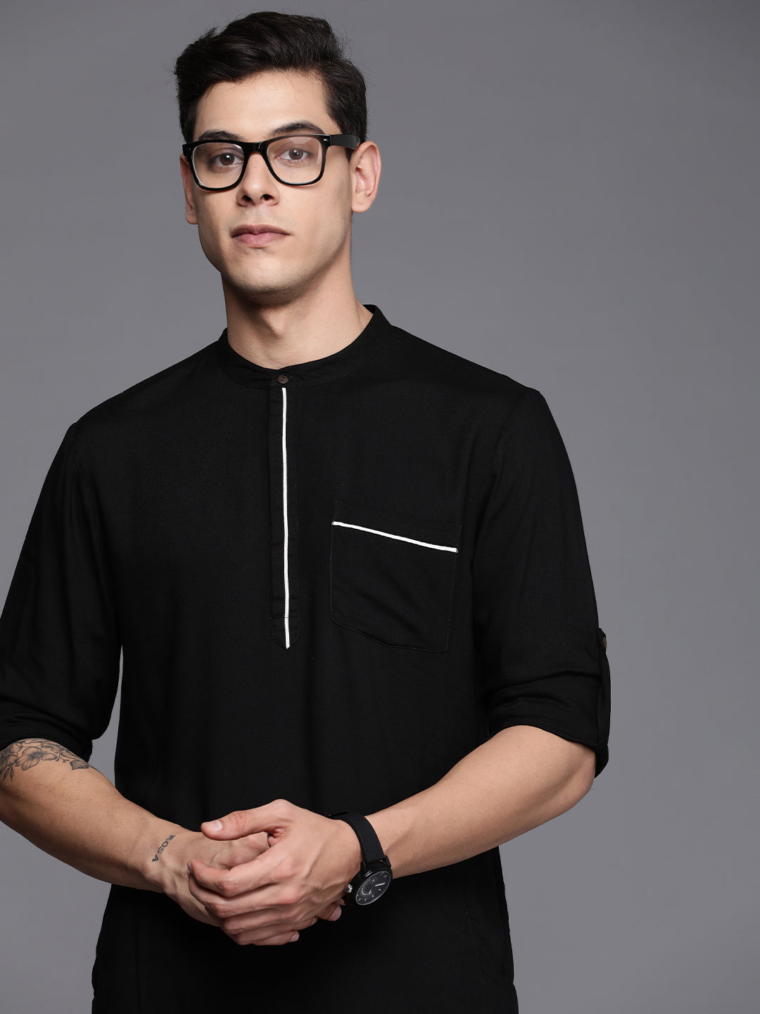 Indo Era Black Textured Cotton Blend Straight Kurtas