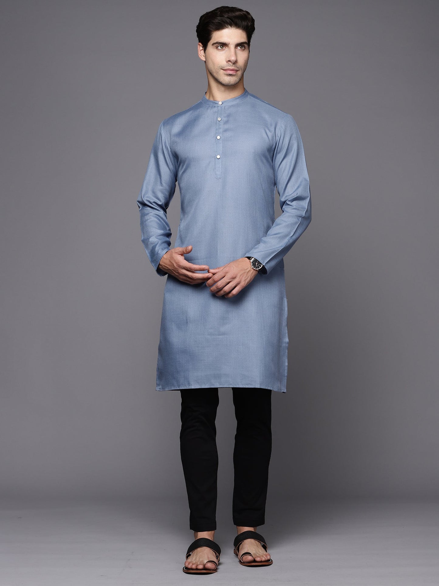 Indo Era Blue Solid Cotton Straight Kurtas