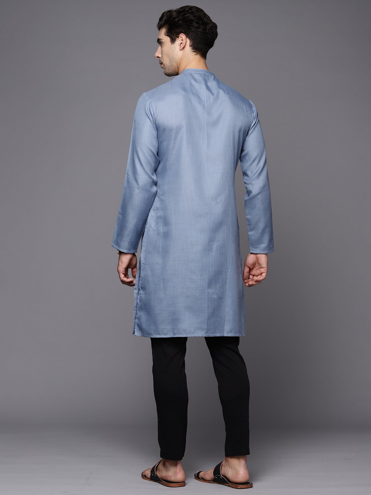 Indo Era Blue Solid Cotton Straight Kurtas