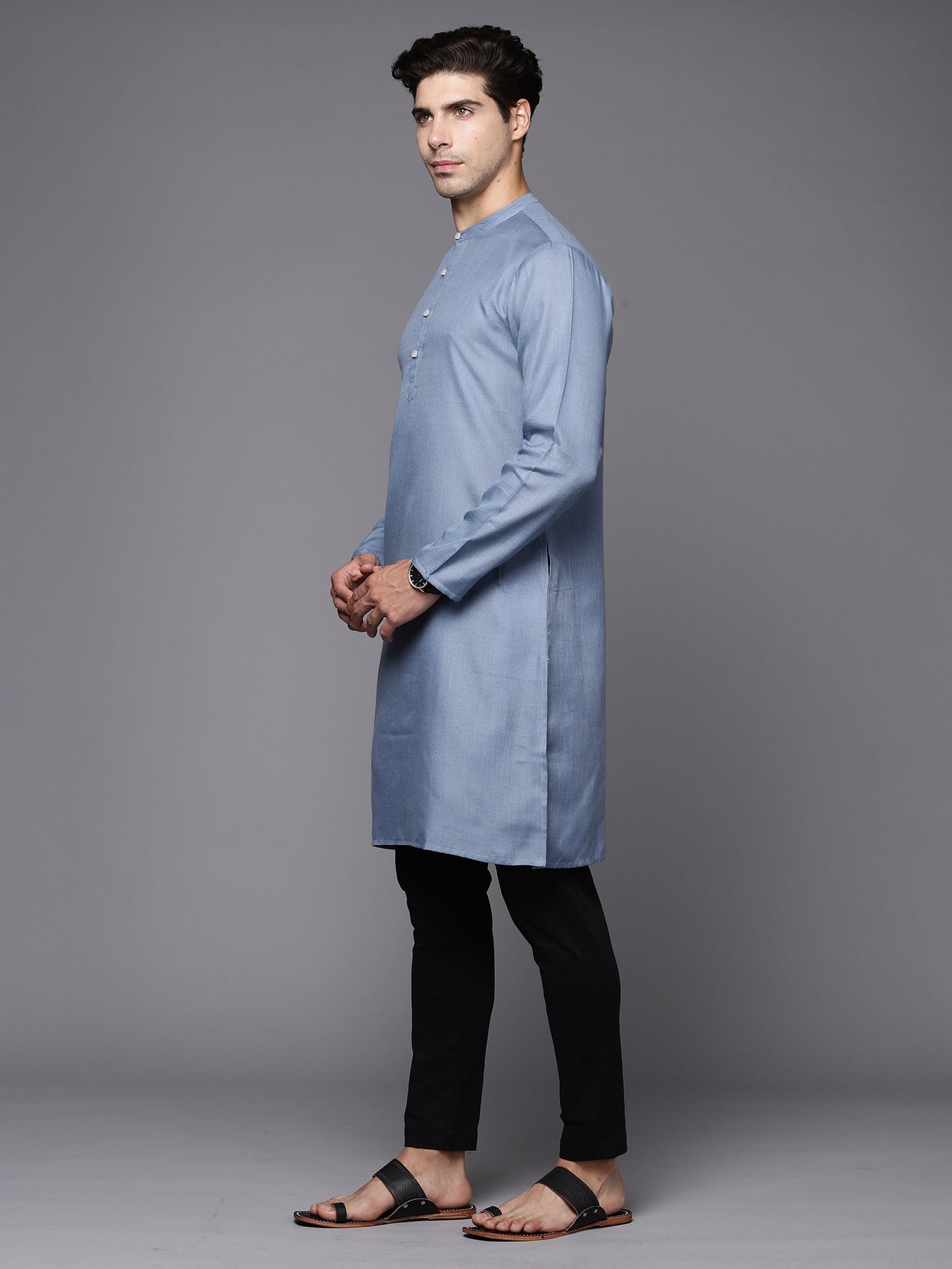 Indo Era Blue Solid Cotton Straight Kurtas