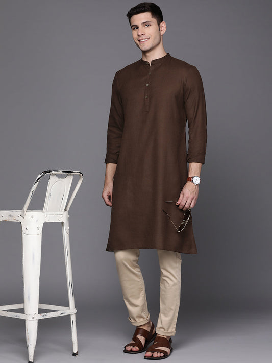 Brown Solid Cotton Blend Straight Kurtas