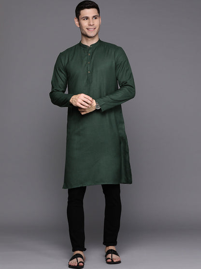 Indo Era Green Solid Cotton Blend Straight Kurtas