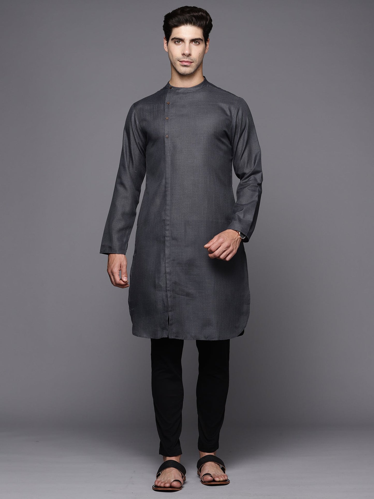 Indo Era Grey Solid Cotton Straight Kurtas