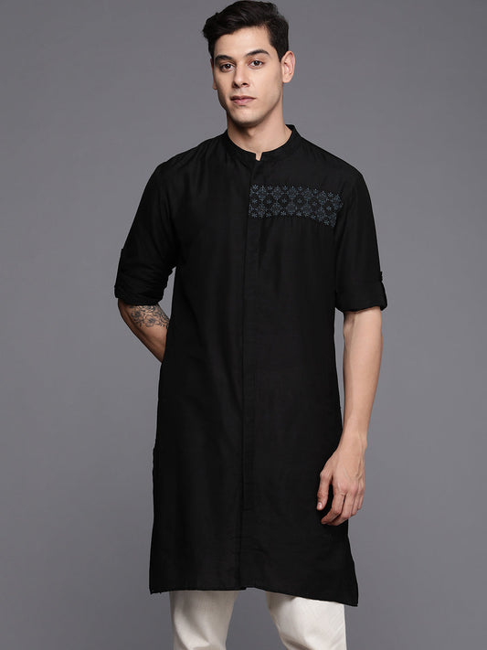 Indo Era Black Embroidered Cotton Straight Kurtas