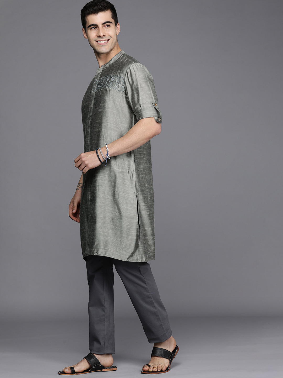 Indo Era Grey Embroidered Cotton Straight Kurtas