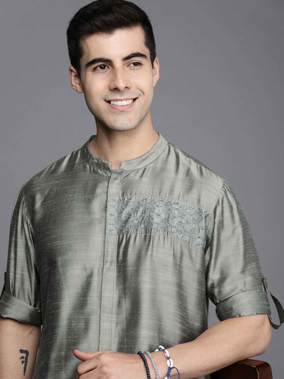 Indo Era Grey Embroidered Cotton Straight Kurtas