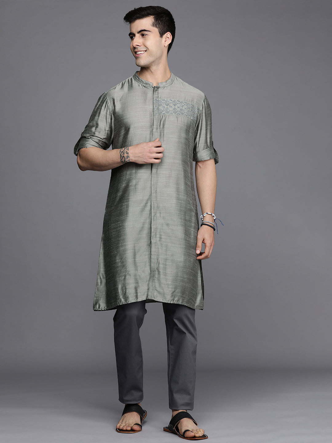 Indo Era Grey Embroidered Cotton Straight Kurtas