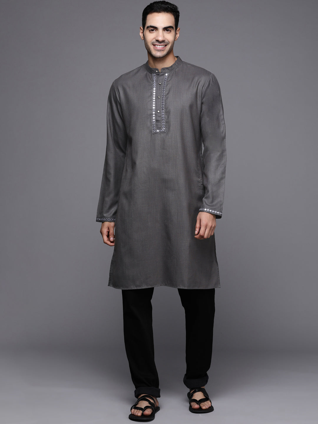 Indo Era Grey Embroidered Cotton Blend Straight Kurtas