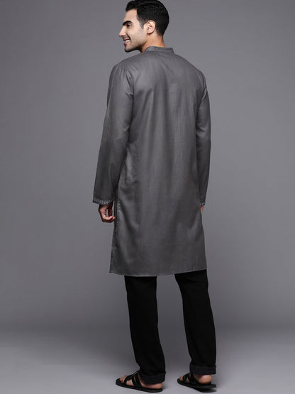 Indo Era Grey Embroidered Cotton Blend Straight Kurtas
