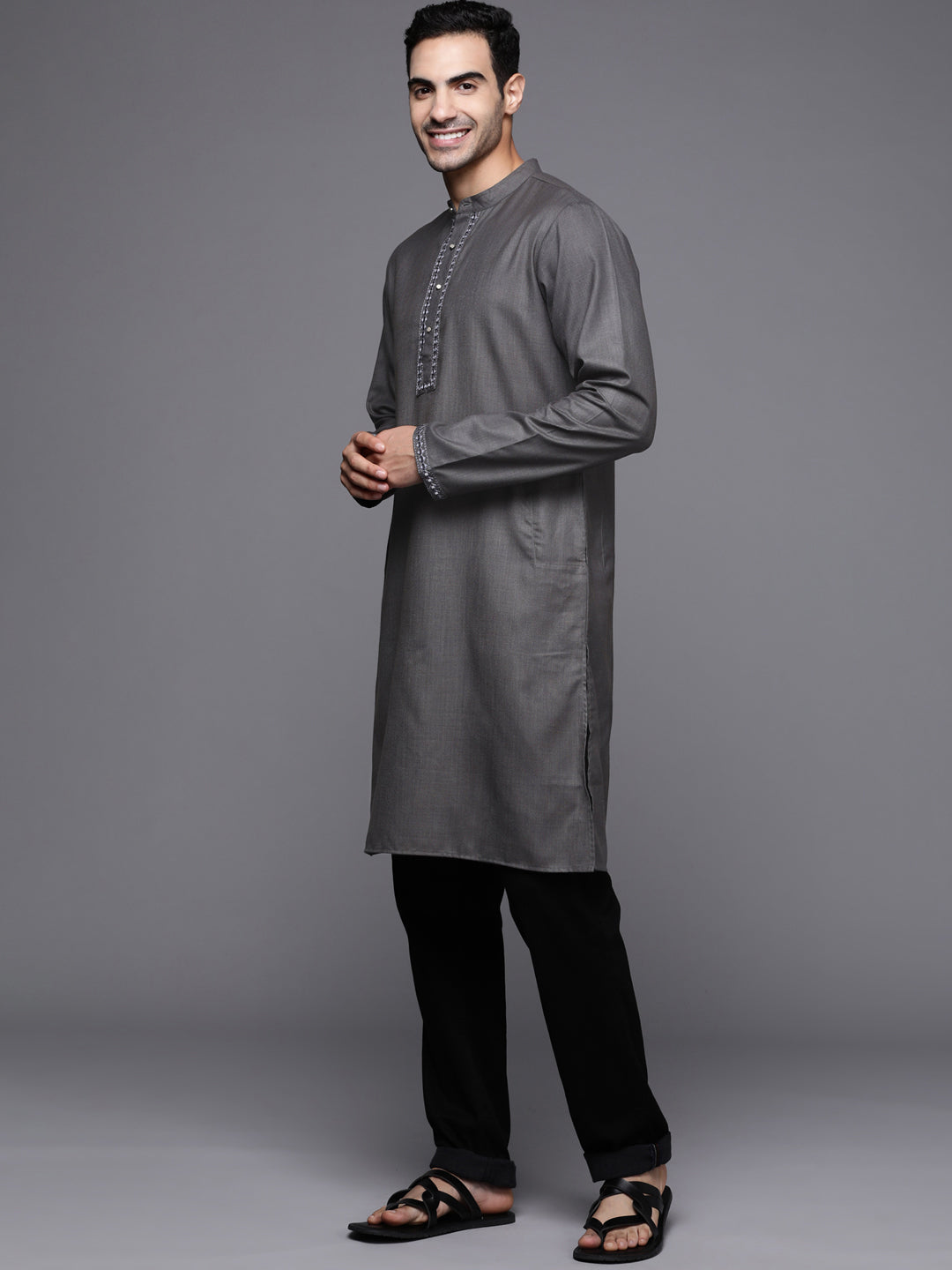 Indo Era Grey Embroidered Cotton Blend Straight Kurtas