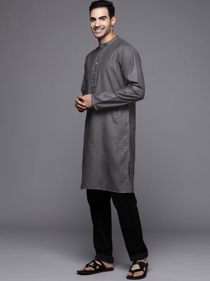 Indo Era Grey Embroidered Cotton Blend Straight Kurtas