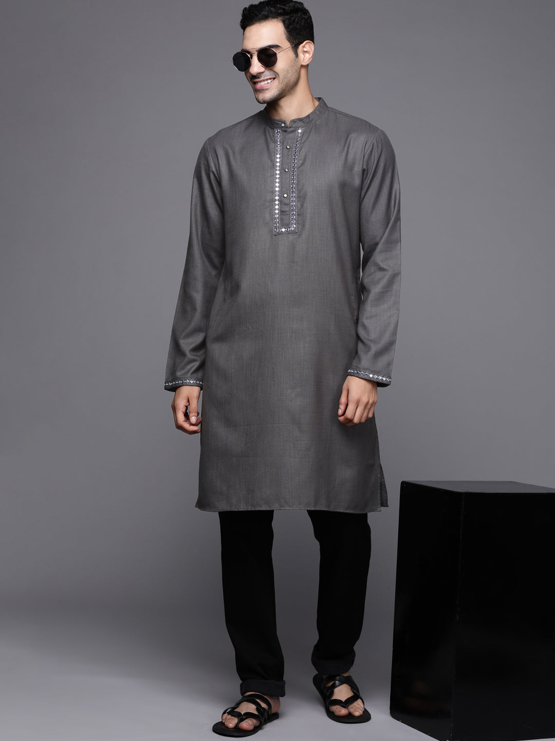 Indo Era Grey Embroidered Cotton Blend Straight Kurtas