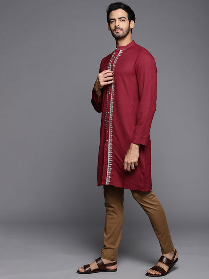 Indo Era Maroon Embroidered Cotton Straight Kurtas