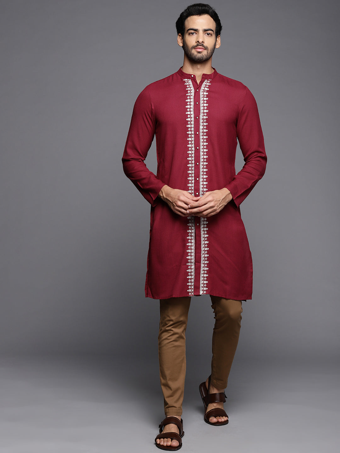 Indo Era Maroon Embroidered Cotton Straight Kurtas