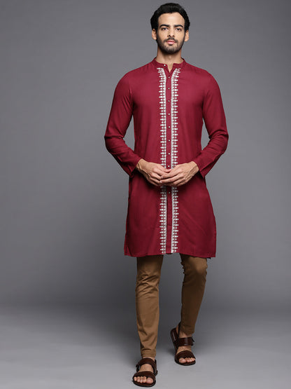 Indo Era Maroon Embroidered Cotton Straight Kurtas