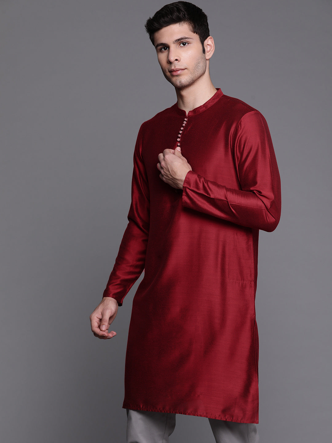 Maroon Solid Chanderi Cotton Straight Kurtas