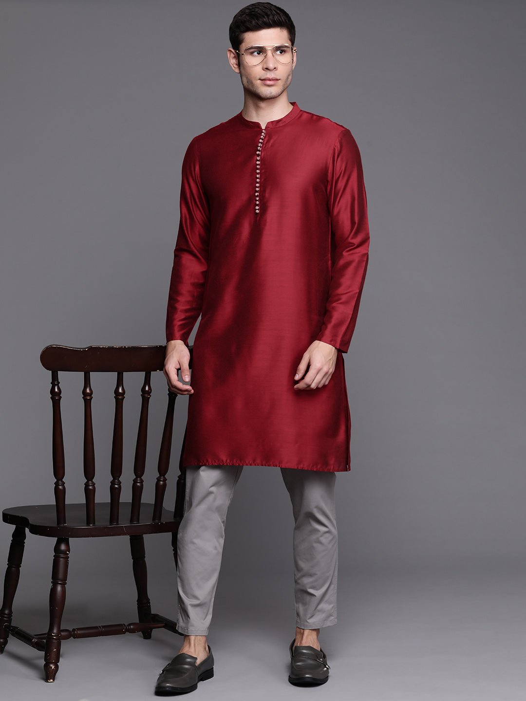 Maroon Solid Chanderi Cotton Straight Kurtas