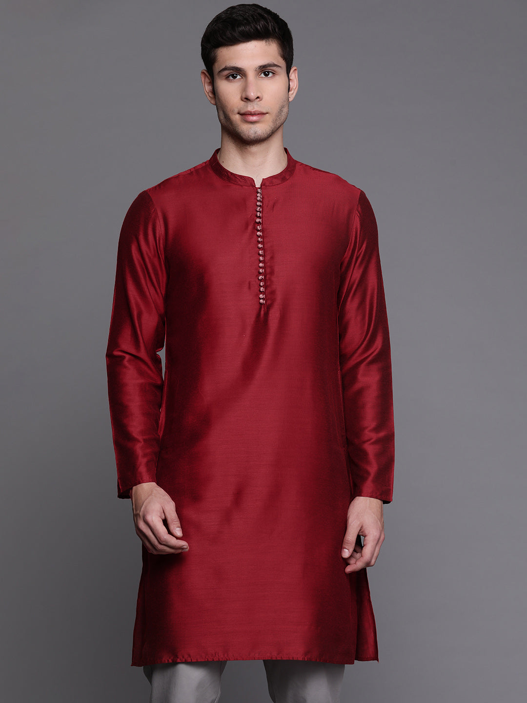 Maroon Solid Chanderi Cotton Straight Kurtas