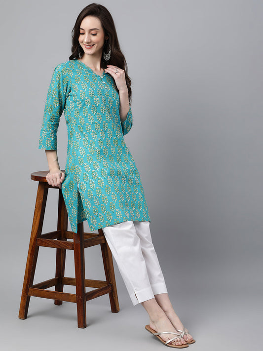 Casual Straight Turquois Cotton Block Printed Top Silae