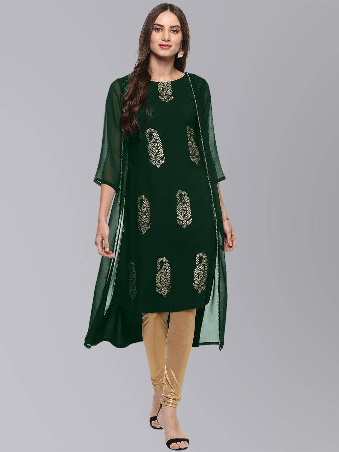 Bottle Green Crepe Foil Print A-Line Kurta Silae
