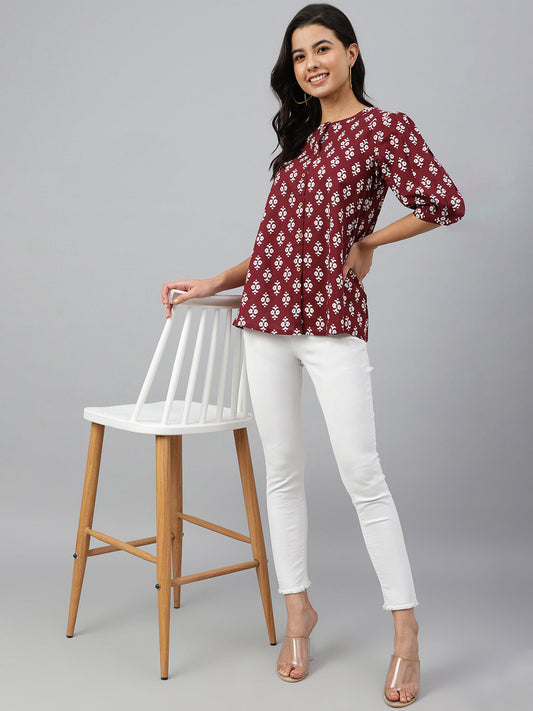 Casual A Line Wine Ethnic Motif Top Silae