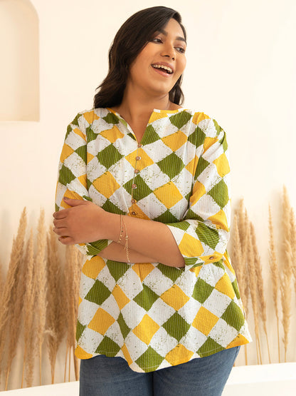 Plus Size Multicolor Cotton Geometric Top