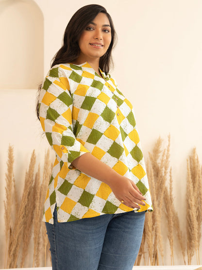 Plus Size Multicolor Cotton Geometric Top