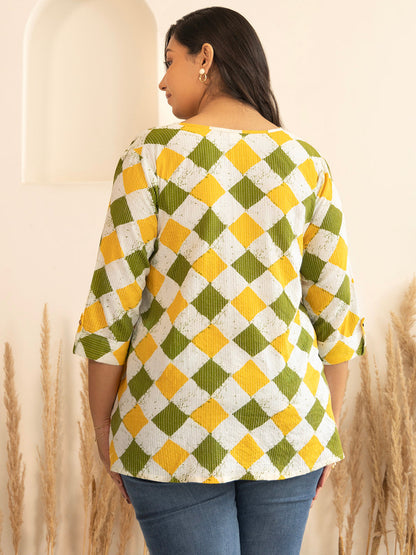 Plus Size Multicolor Cotton Geometric Top