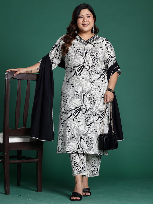 Cream Printed Straight Kurta Trousers With Dupatta Set