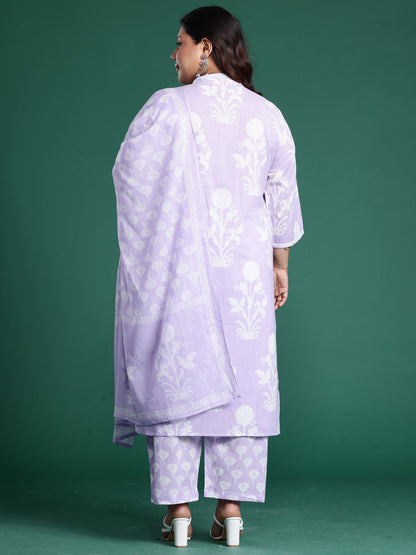 Lavender Printed Straight Kurta Trousers With Dupatta Set