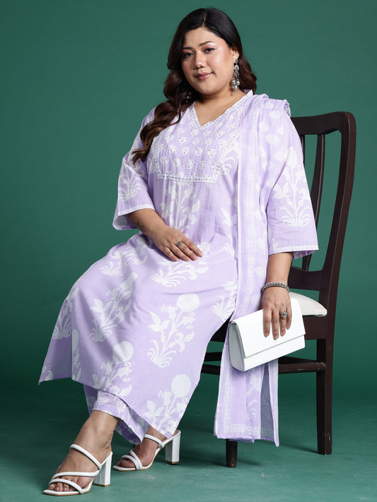 Lavender Printed Straight Kurta Trousers With Dupatta Set