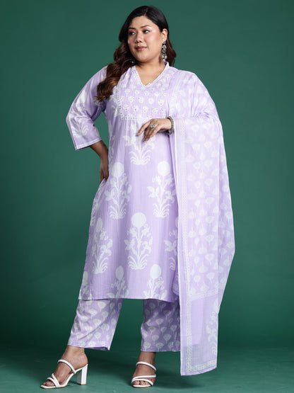 Lavender Printed Straight Kurta Trousers With Dupatta Set