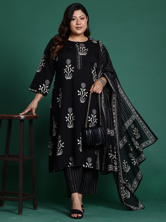 Black Printed Straight Kurta Trousers With Dupatta Set