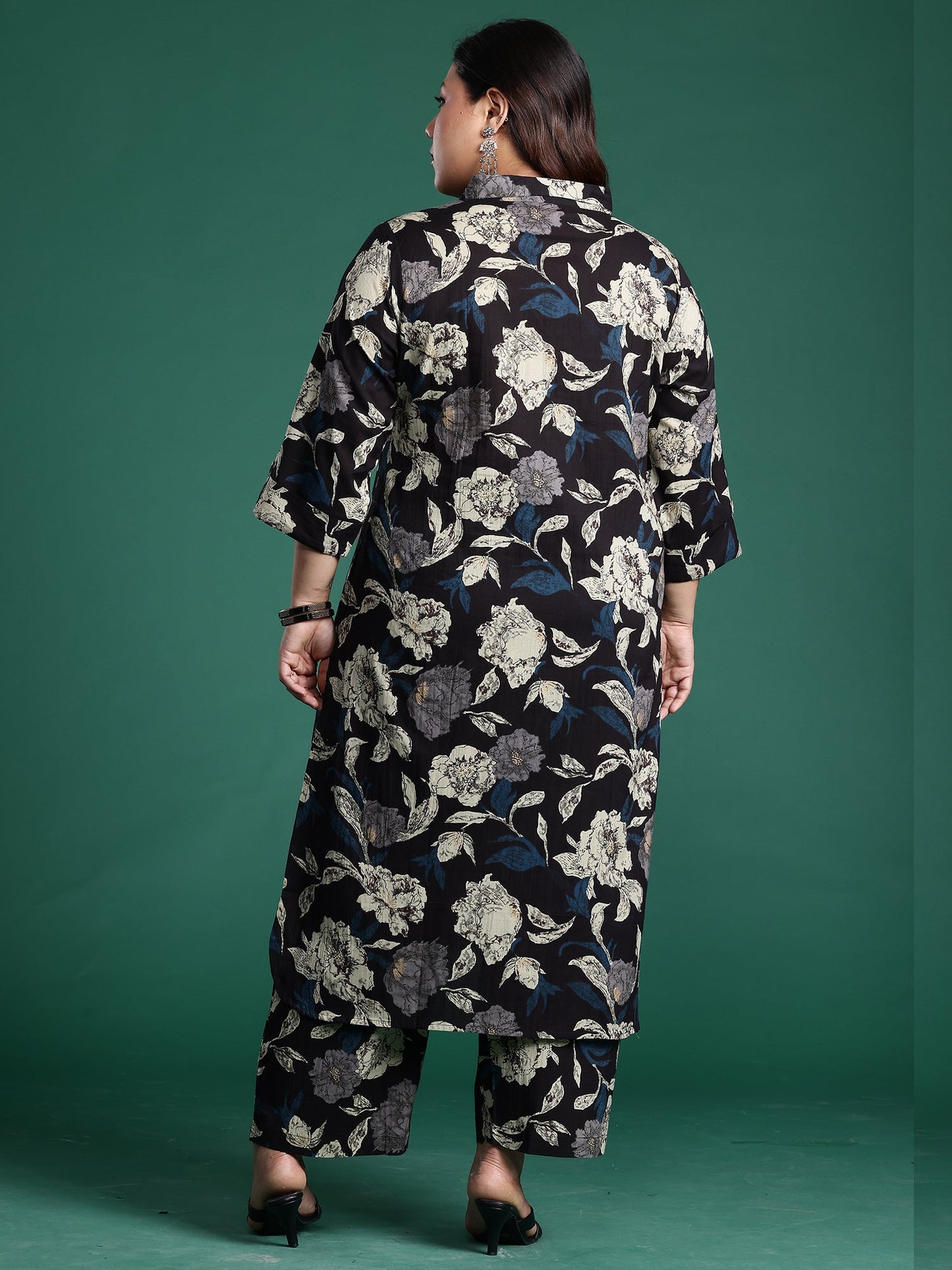 Black Printed Straight Kurta Trousers Set