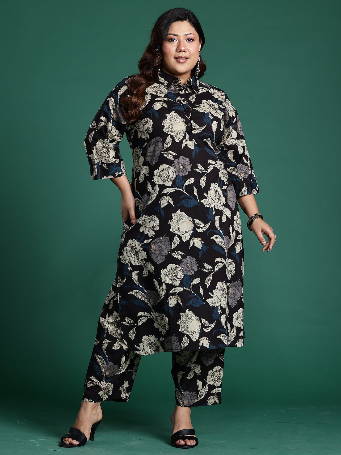 Black Printed Straight Kurta Trousers Set