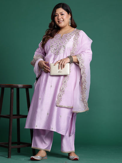 Lavender Embroidered Straight Kurta Trousers With Dupatta Set