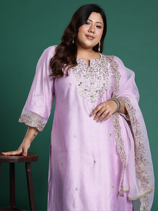 Lavender Embroidered Straight Kurta Trousers With Dupatta Set