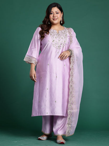 Lavender Embroidered Straight Kurta Trousers With Dupatta Set