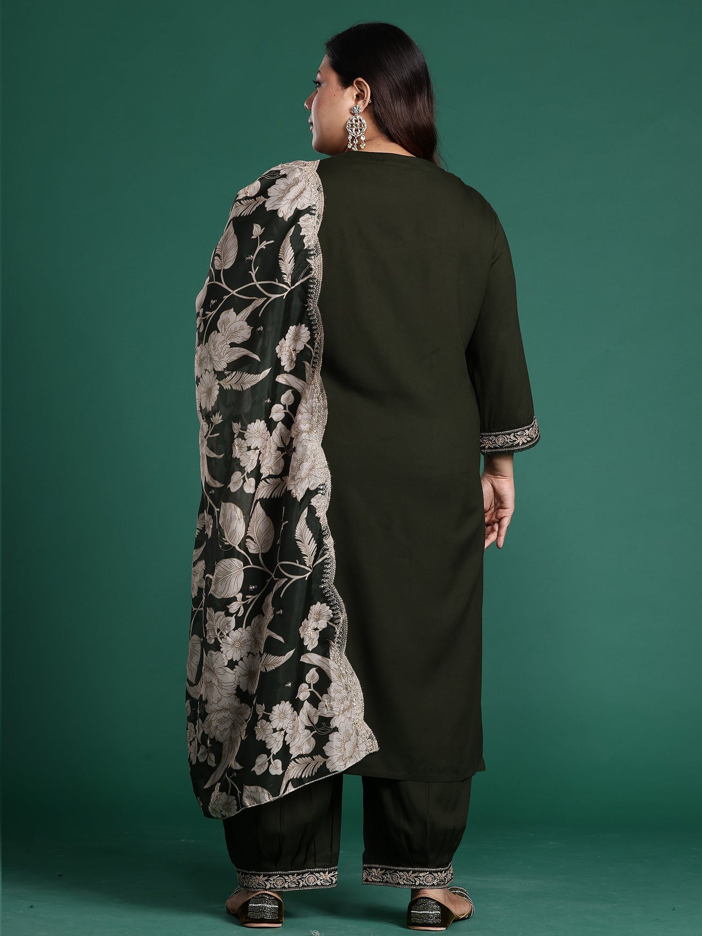 Green Embroidered Straight Kurta Salwar With Dupatta Set