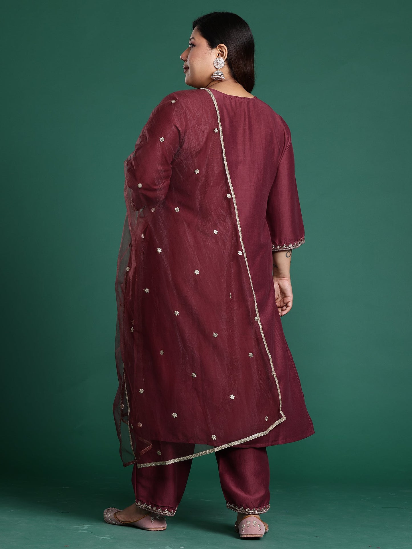Mauve Embroidered Straight Kurta Trousers With Dupatta Set