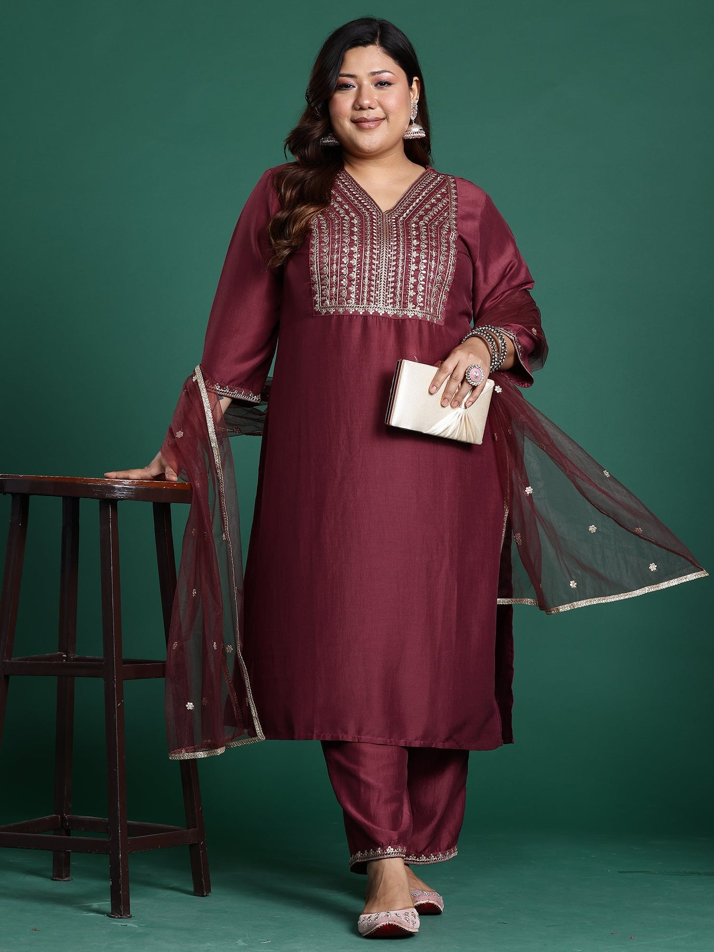 Mauve Embroidered Straight Kurta Trousers With Dupatta Set