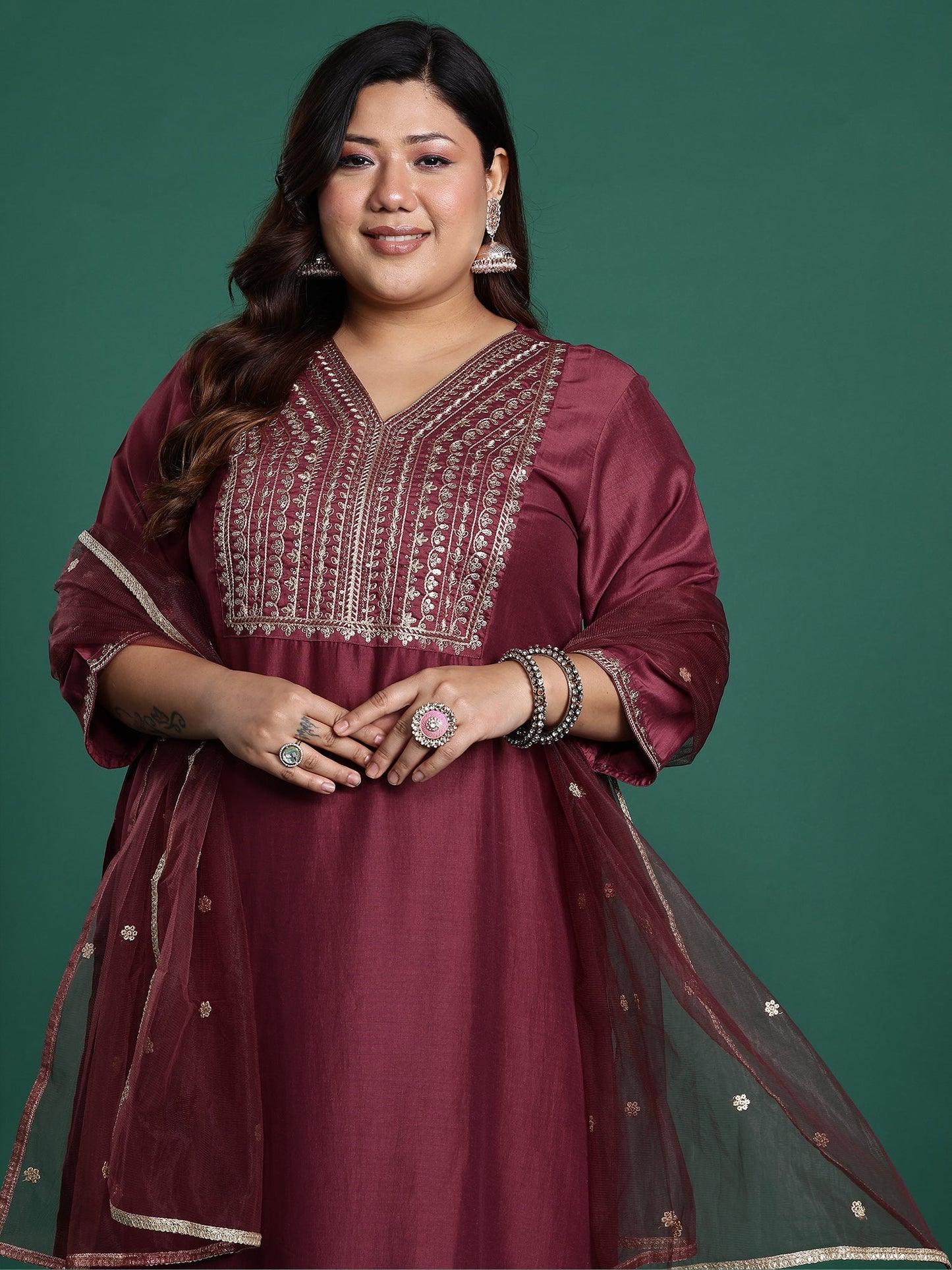 Mauve Embroidered Straight Kurta Trousers With Dupatta Set