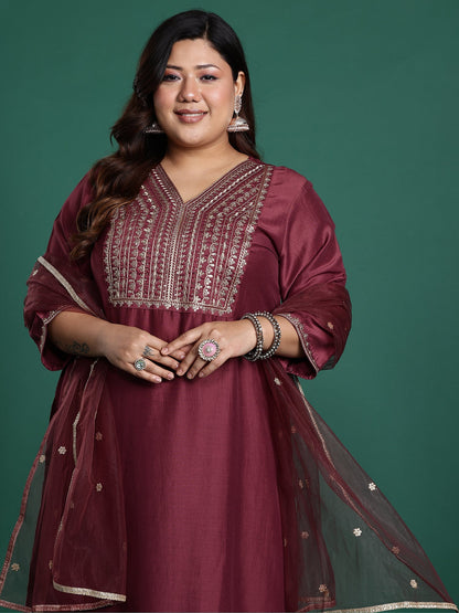 Mauve Embroidered Straight Kurta Trousers With Dupatta Set