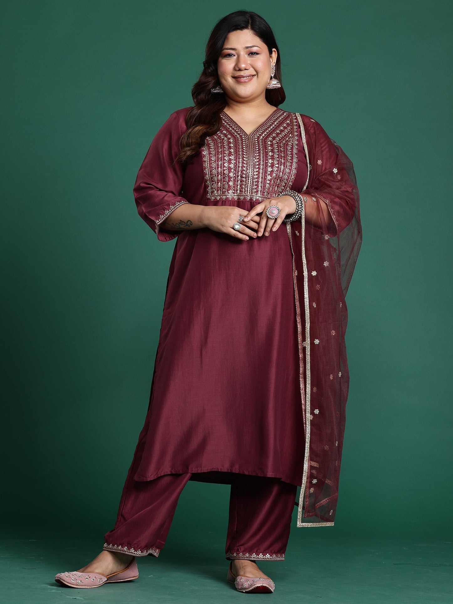 Mauve Embroidered Straight Kurta Trousers With Dupatta Set