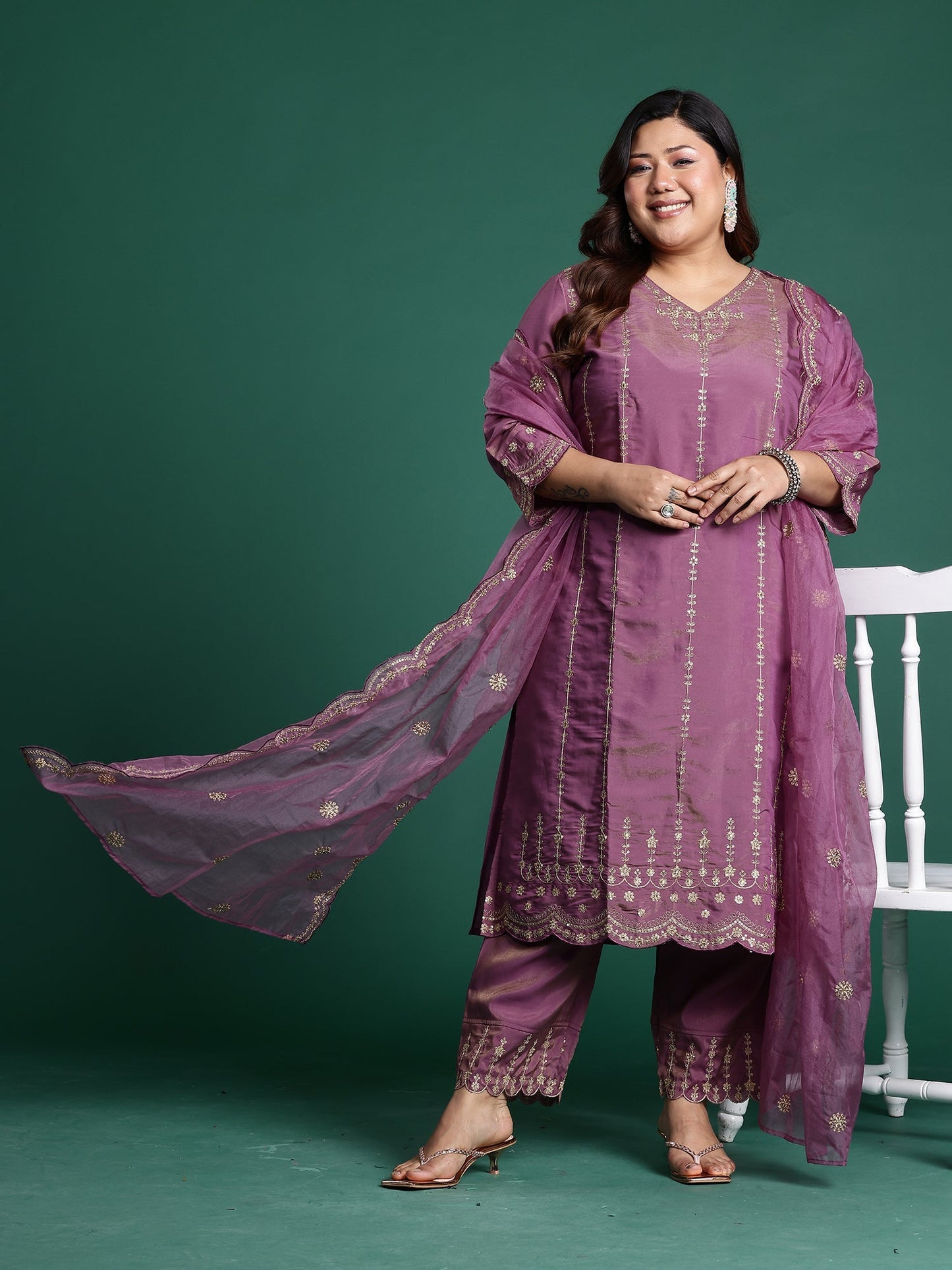 Burgundy Embroidered Straight Kurta Trousers With Dupatta Set