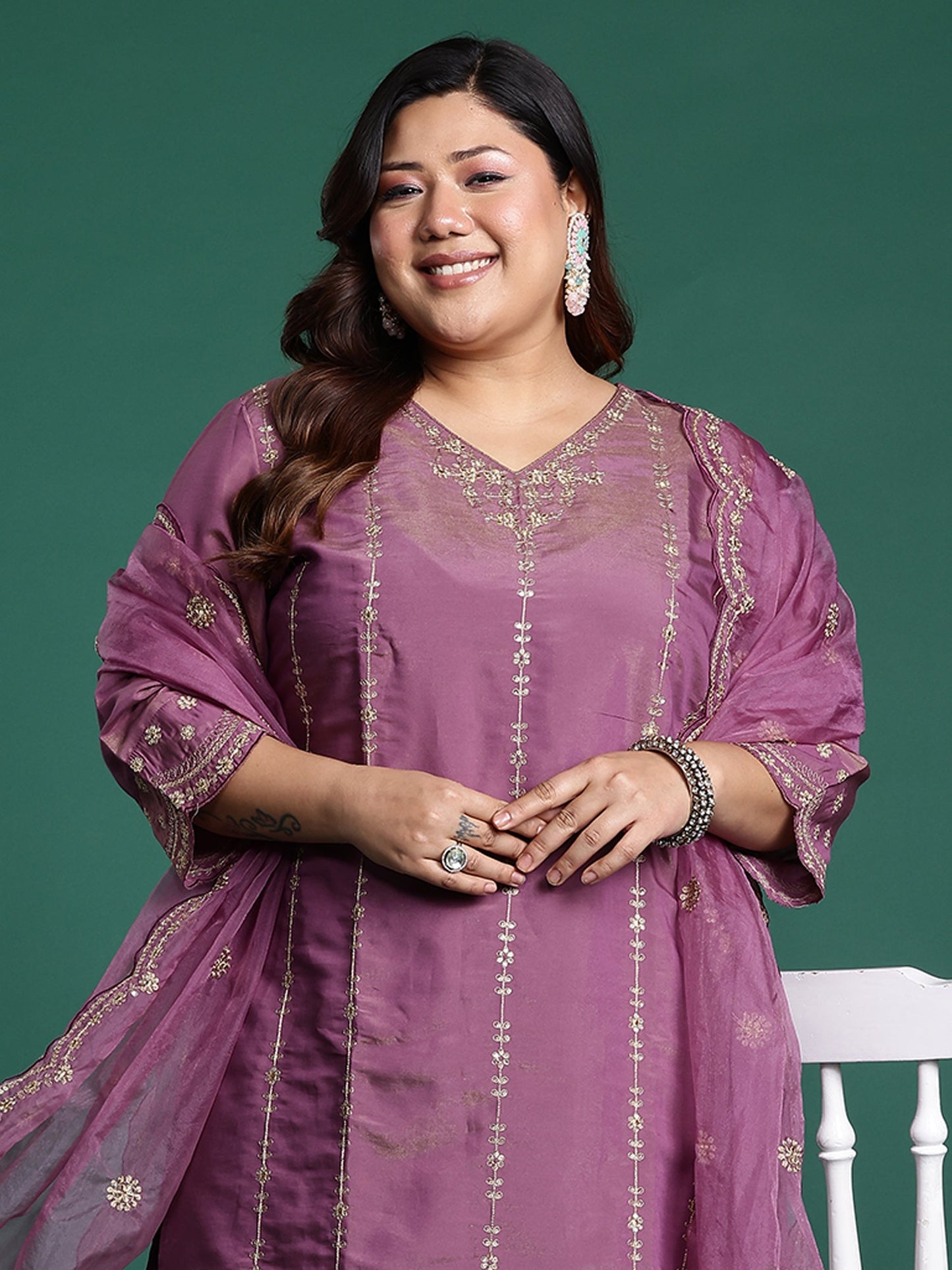 Burgundy Embroidered Straight Kurta Trousers With Dupatta Set