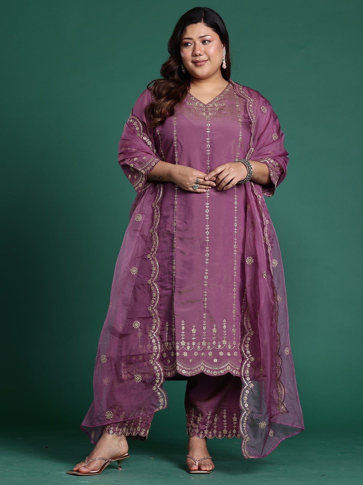 Burgundy Embroidered Straight Kurta Trousers With Dupatta Set