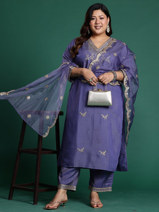 Blue Embroidered Straight Kurta Trousers With Dupatta Set