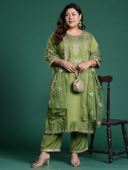 Green Embroidered Straight Kurta Trousers With Dupatta Set
