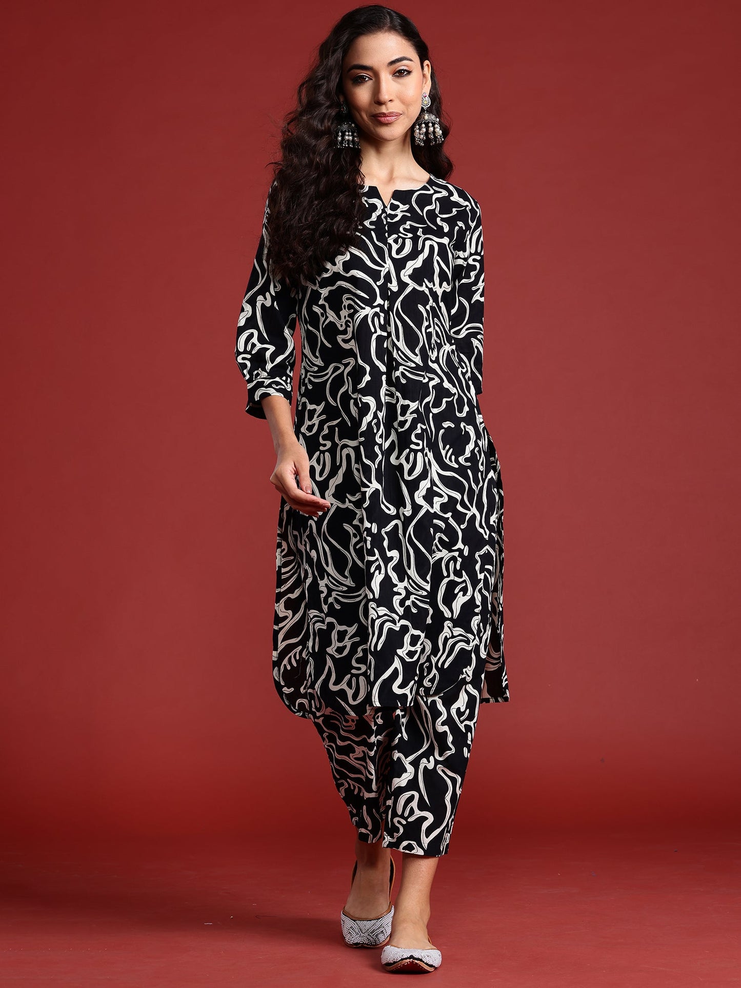 Indo Era Black Printed Smart Casual Co-Ords Set